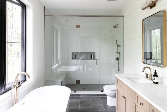 Ensuite with soaker tub and glass shower